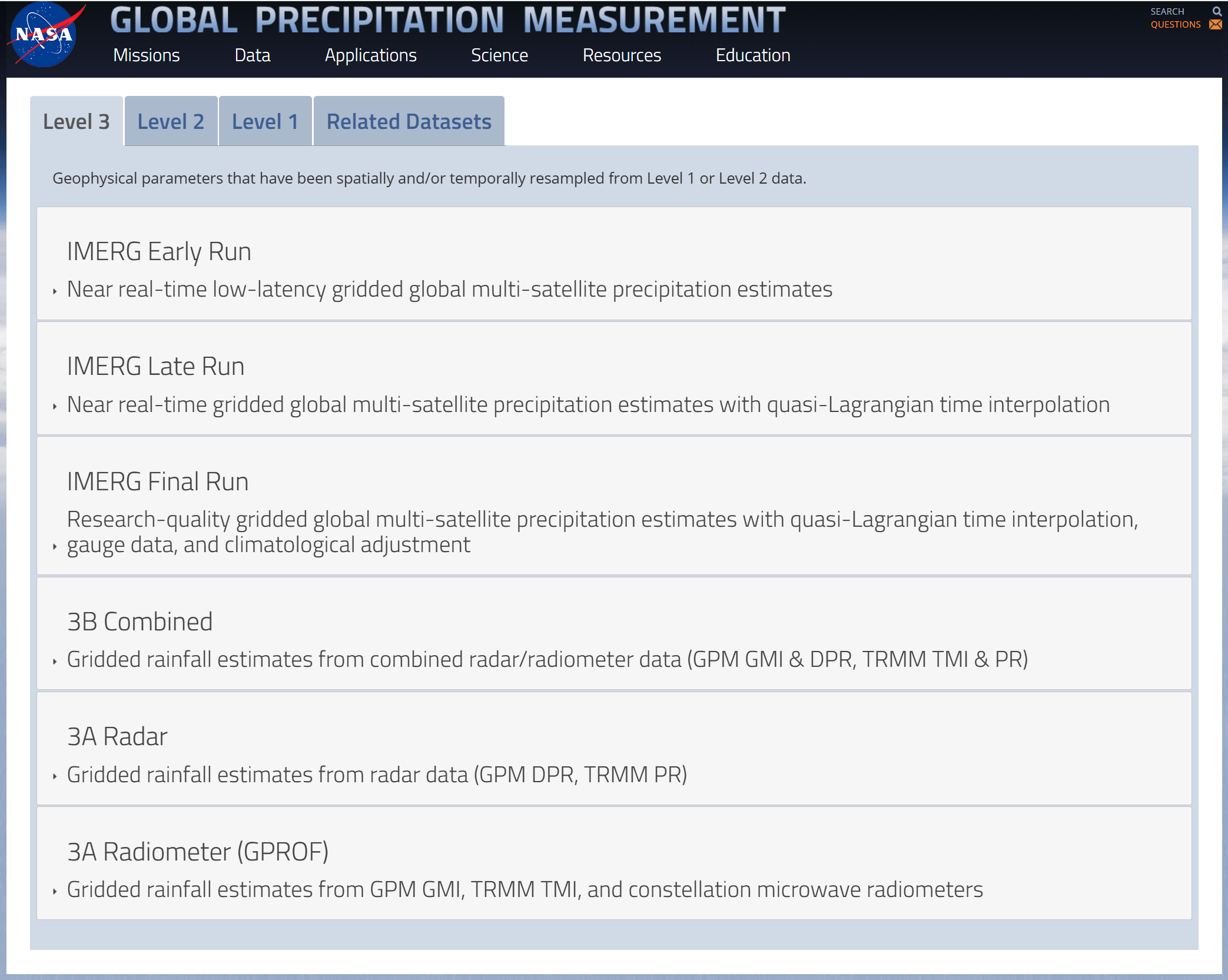 Precipitation from TRMM (3Hr, 24Hr, 72Hr, weekly) and GPM (30 Min)
